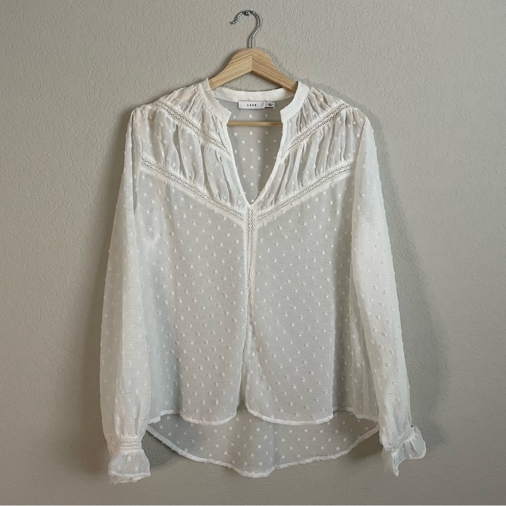 lush blouse top small white long sleeve romantic sheer
